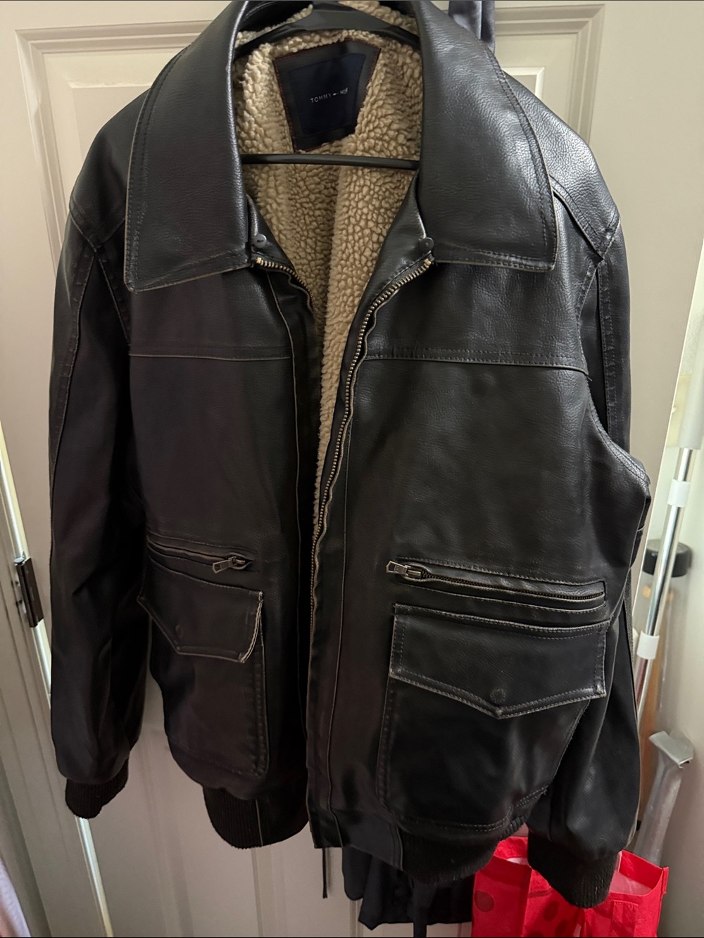Tommy Hilfiger Black Leather Bomber Jacket with Cream Sherpa Lining